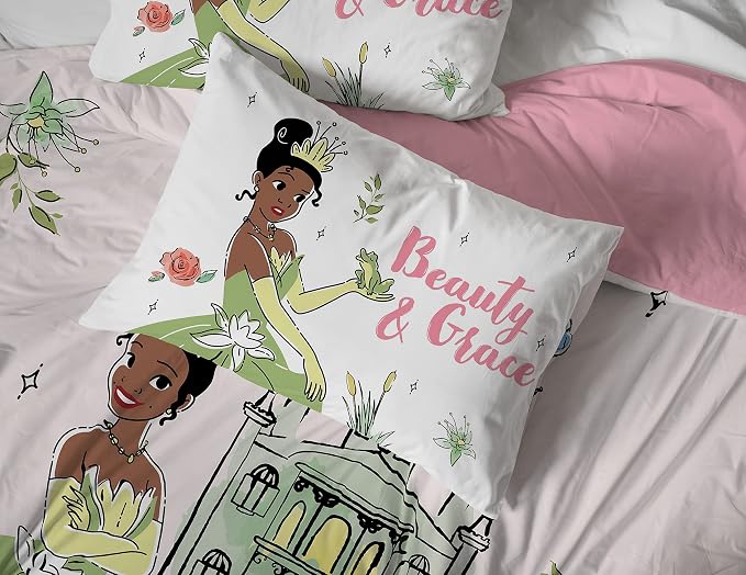 Disney Princess Tiana Full Comforter Set 7 Piece Kids Bedding, Pink | Bed in a Bag, Comforter Sheets Shams Pillowcases, Soft Microfiber, Machine Washable, Girls Gift