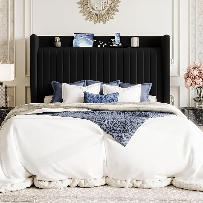SHA CERLIN Queen Size Velvet Bed Frame with Shelf, Charging Station, Black | Wingback Storage Headboard, Upholstered Platform Bed, Wooden Slats Support, No Box Spring Needed, Easy Assembly, Noise Free