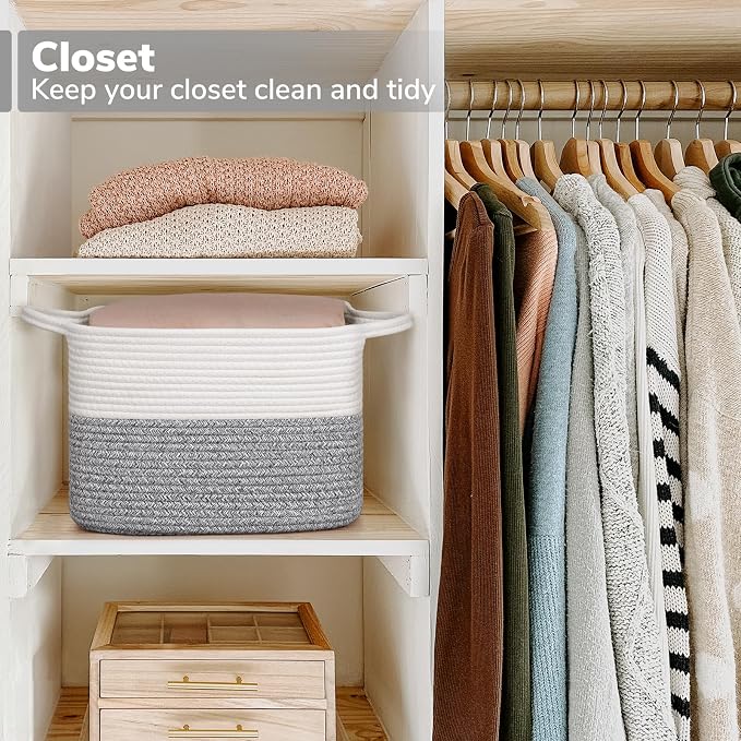Goodpick Cotton Rope Small Laundry Basket, 13" x 10" x 9", Gray & White | Decorative Storage Basket for Clothes, Towels & Shoes, Closet & Shelf Organization, Reinforced Woven Handles