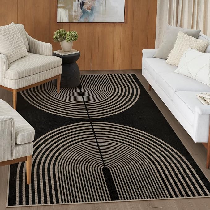 Rugalia Easy Jute 5x7 Outdoor Patio Rug, Washable Black Boho Rainbow Rugs for Living Room, Non-Slip Modern Farmhouse Outdoor Mat Neutral Abstract Floor Carpet for Patio Dining Room Backyard