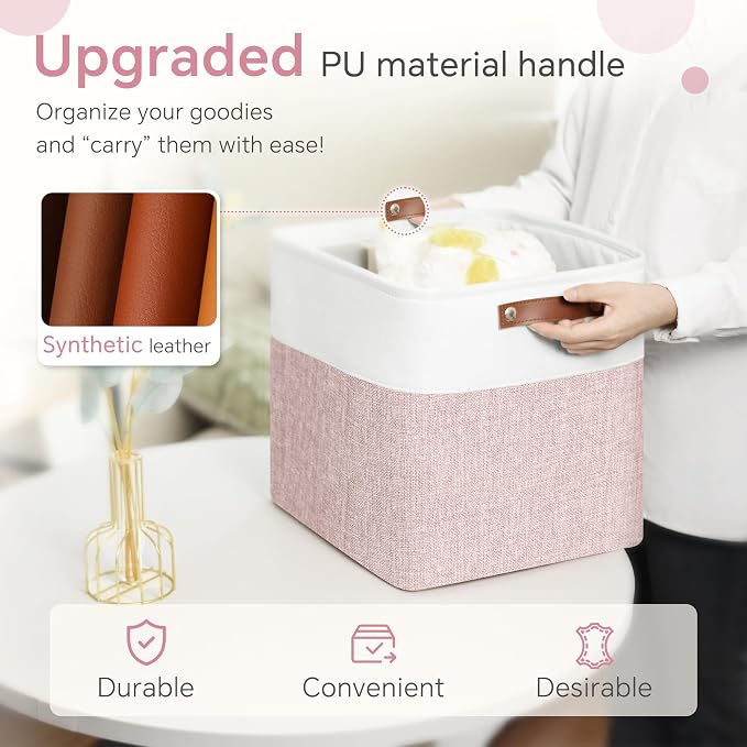 FinishingBo 11 inch Cube Storage Bin 6 Pack, Cube Organizer Bins | Fabric Storage Bins With Handles, 11x11 Storage Cubes, Shelf Basket, White Pink