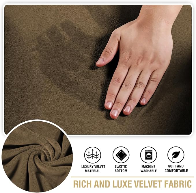 H.VERSAILTEX Stretch Velvet 2 Piece T Cushion Sofa Slipcovers for Living Room Individually Sofa Covers for 2 Cushion Seat Cushion Covers Stay with Elastic Bands (Sofa, Bronze Brown)