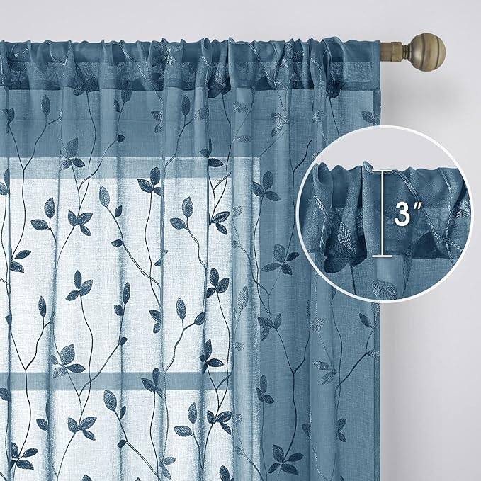 HOMEIDEAS Cyan Blue Sheer Curtains 52 X 84 Inches Length 2 Panels Embroidered - Image 5