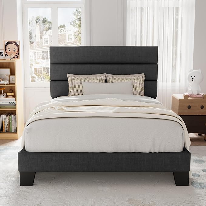 Allewie Twin Size Platform Bed Frame with Fabric Upholstered Headboard Gray | Wooden Slats Support, Fully Upholstered Mattress Foundation, No Box Spring Needed, Easy Assembly, Noise-Free, Dark Grey