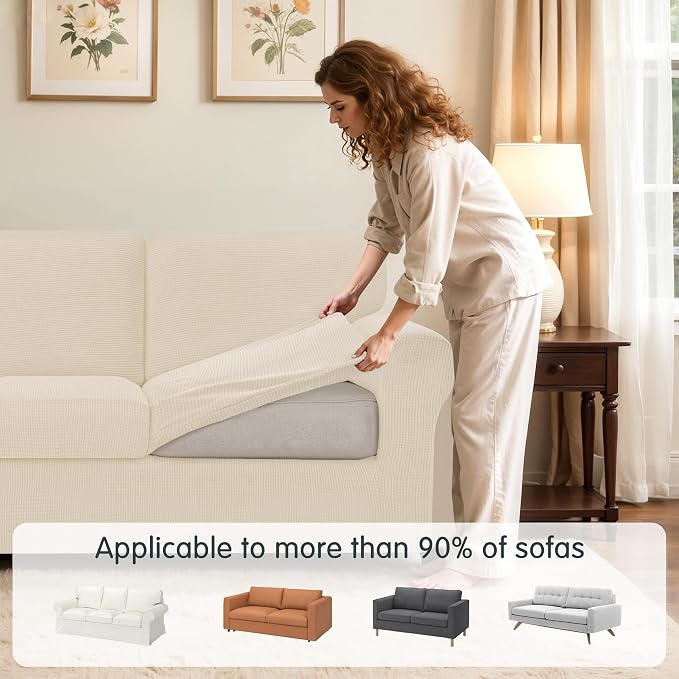 subrtex Slipcover Sets for Sofa, 7 Pieces Stretch Furniture Cover, Wear Resistant, Washable, Checkered Pattern, Ivory (Large)