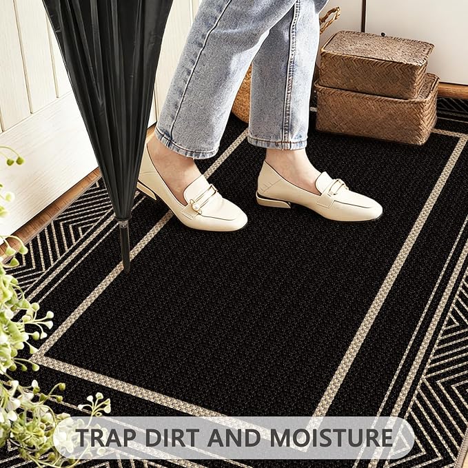 Capslpad Faux Jute 3x5 Area Rug, Geometry Line Patio Rug, Washable Front Porch Rug, Farmhouse Non-Slip Entryway Rugs for Indoor Outdoor, Black Base