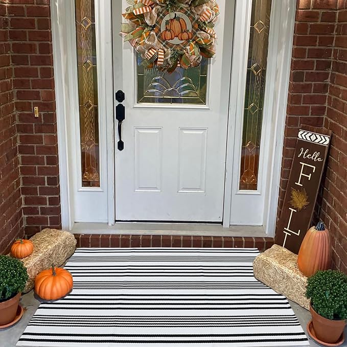 Black and White Striped Outdoor Rug Front Porch Rug 27.5"x43" Cotton Hand-Woven Welcome Mats Layered Door Mats for Front Porch/Entryway/Laundry Room/Bedroom/Outdoor