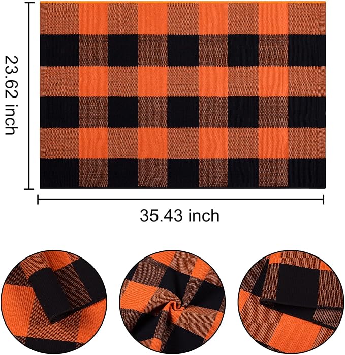Fall Layered Doormat 24''x35'' Orange and Black Farmhouse Porch Mat Cotton Woven Washable Outdoor Rug for Layering Rug,Fall,Halloween,Kitchen,Farmhouse,Entryway