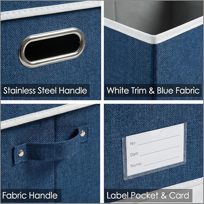 PRANDOM Storage Bins with Lids [3-Pack] Linen Fabric Foldable Storage Boxes Organizer Containers Baskets Cube with Cover for Bedroom Closet Office Royal Blue(23.4X15.9X11.4)