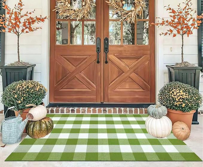 Green and White Outdoor Rug 3'X 5' Buffalo Checked Porch Rug Cotton Woven Machine Washable Layering Door Mat for Welcome Door Mat Porch Entryway Bedroom Living Room