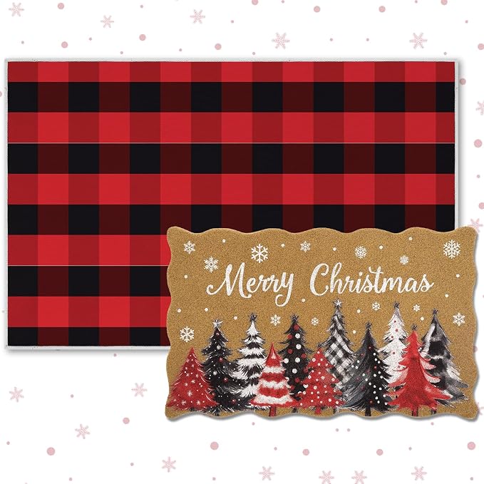 Fourluoo 2 Piece Christmas Door Mat Combo Set Outdoor Christmas Rugs 28 x 40 Inch Red White and Black Plaid Welcome Mat Non Slip Xmas Tree Layering Front Door Rug for Indoor Outdoor Entrance Porch