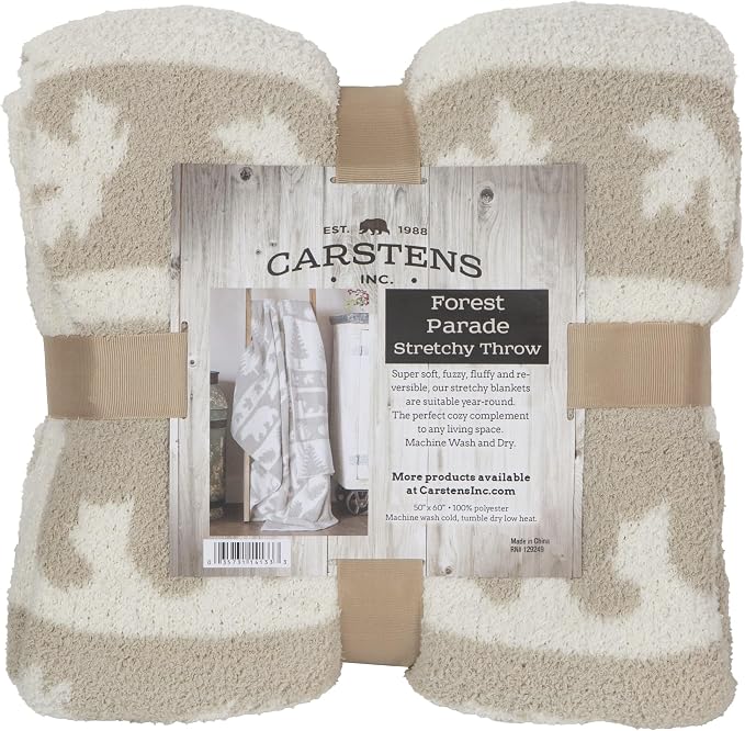 Carstens, Inc. Luxury Soft Stretchy Reversible Plush Throw Blanket, Large 50" x 60", Rustic Beige Bear Stripe