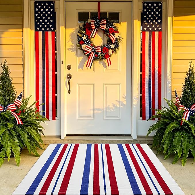 USA 250th Anniversary Patriotic Doormat, 2'4" x 3'7" Red White and Blue Striped Outdoor Rug, Washable Farmhouse Front Porch Welcome Mat for Memorial Day, 4th of July, and Independence Day Decor