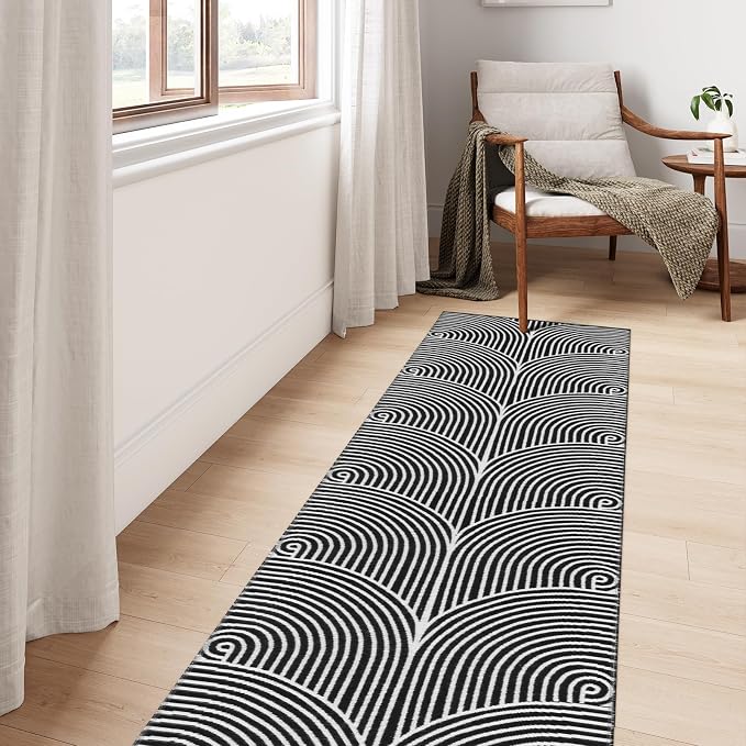 Tiffasea Washable Runner Rug 2'x7' Long Hallway Runner Indoor Outdoor Rugs | Reversible Black Kitchen Runner Cotton Hand-Woven Modern Area Rug Carpet Runners for Bathroom Bedroom Entryway Laundry Room