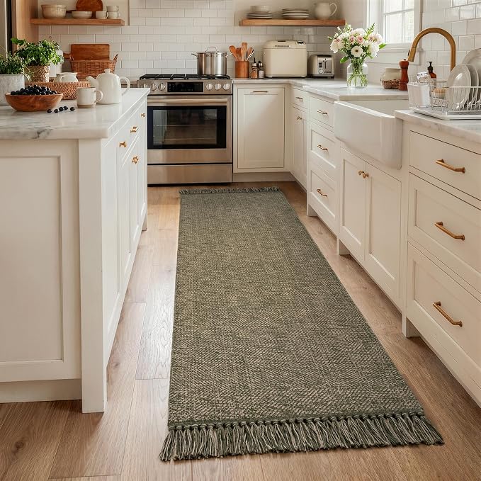Collive Boho Hallway Runner Rug, 2.6' x 7' Moss Green Bathroom Mats Washable Modern Farmhouse Kitchen Runner Rugs, Hand Woven Entry Hall Carpet for Laundry Bedroom Decor
