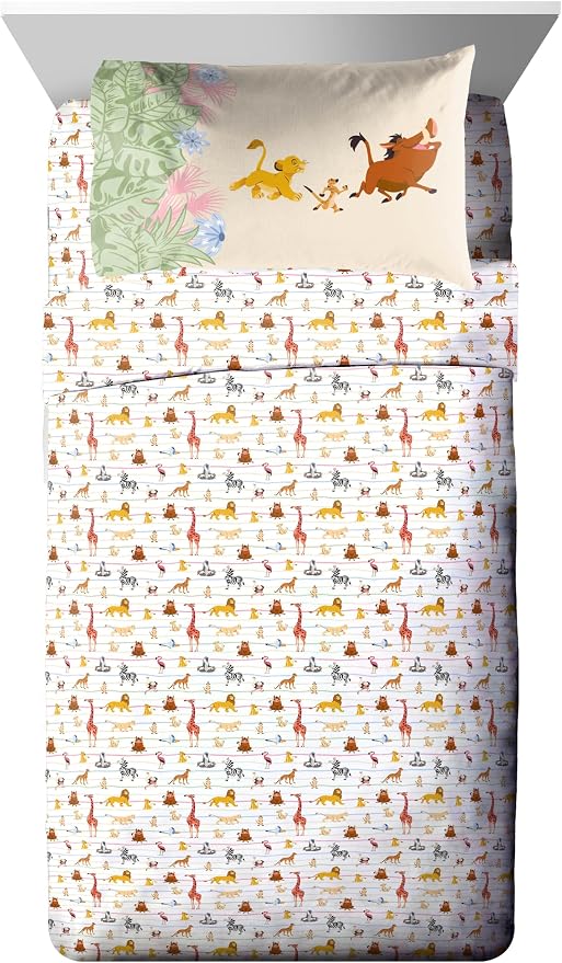 Disney Lion King Simba Twin Comforter Set 5 Piece Kids Bedding, Multi | Safari Animal, Comforter Sheets Sham Pillowcase, Official Brand, Soft Microfiber, Machine Washable, Easy Care, Kids Gift