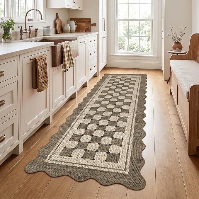 Garvee Easy Jute Scalloped Outdoor Runner Rug, 2x6 Washable Kitchen Rugs Non Slip Carpet Runners for Hallway 6ft, Checkered Farmhouse Non Shedding Lightweight Floor Carpet for Entryway Front Porch