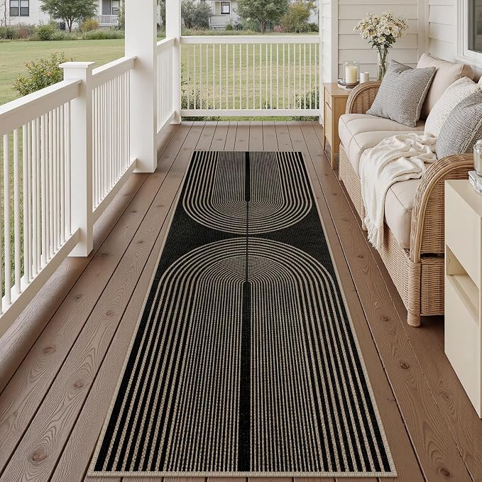 Rugalia Easy Jute Rainbow Runner Rug, 2.6x8 Black Washable Rugs Runner for Hallway Non-Slip Boho Farmhouse Kitchen Runner Rug, Modern Abstract Indoor Outdoor Carpet for Porch Laundry Entryway