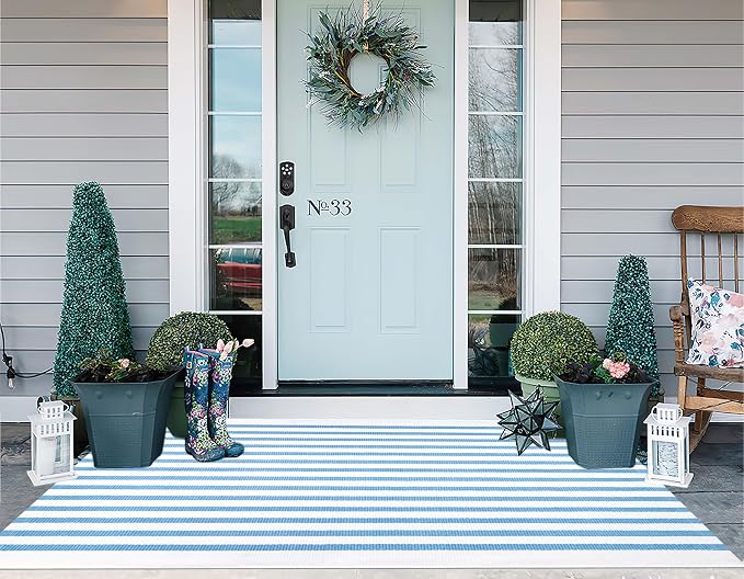 Light Blue and White Outdoor Rug 3'x5',Machine Washable Striped Porch Rug Cotton Woven Farmhouse Front Door Mats for Porch/Entryway/Home Entrance Decor/Bedroom/Laundry Room/Patio/Front Door