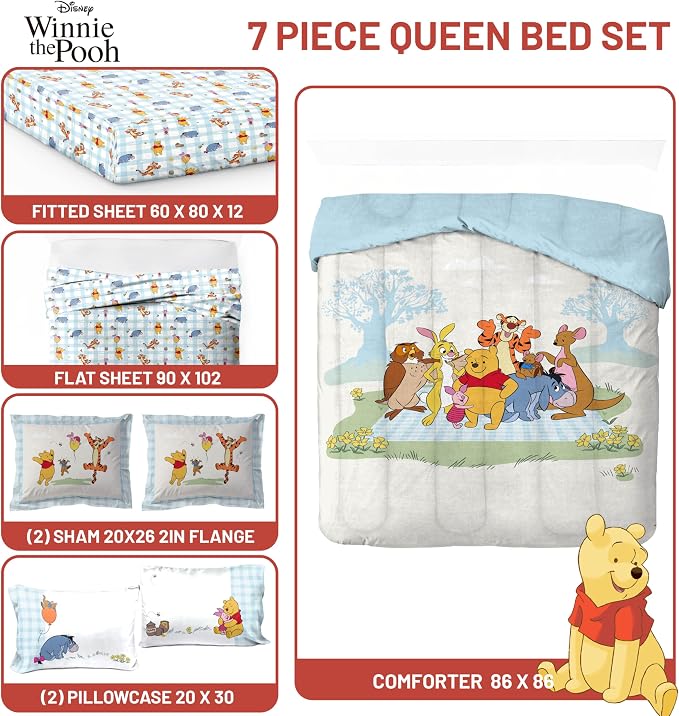 Disney Winnie The Pooh Queen Comforter Set 7 Piece Kids Bedding, White | Piglet Tigger, Bed in a Bag, Comforter Sheets Shams Pillowcases, Official Brand, Soft Microfiber, Machine Washable, Kids Gift