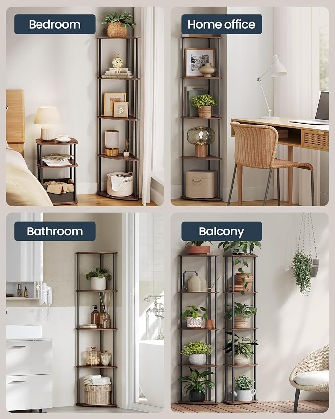 SONGMICS HOME Superfast Toolless Assembly, Corner Shelf Stand, 5-Tier Corner Standing Shelf, Living Room, Bedroom, Kitchen, 15 x 10.6 x 54.7 Inches, Somber Walnut ULBC610K02