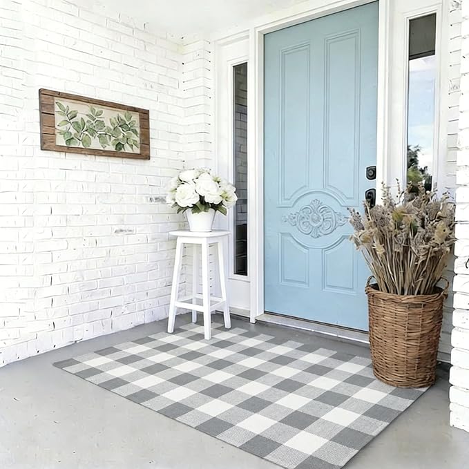 Gray and White Buffalo Plaid Rug 3' x 5', Washable Farmhouse Non-Slip Checkered Doormat, Indoor Outdoor Floor Mat for Living Room, Bedroom, Entryway, Kitchen, Laundry Room, Patio, Porch