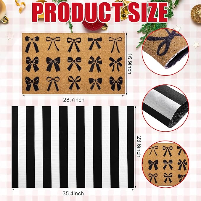 Tinideya 2 Pcs Door Mat Welcome Non Slip Coir Mats Floor Layering Doormats Seasonal for Front Porch Entryway Decor(Christmas Bows)