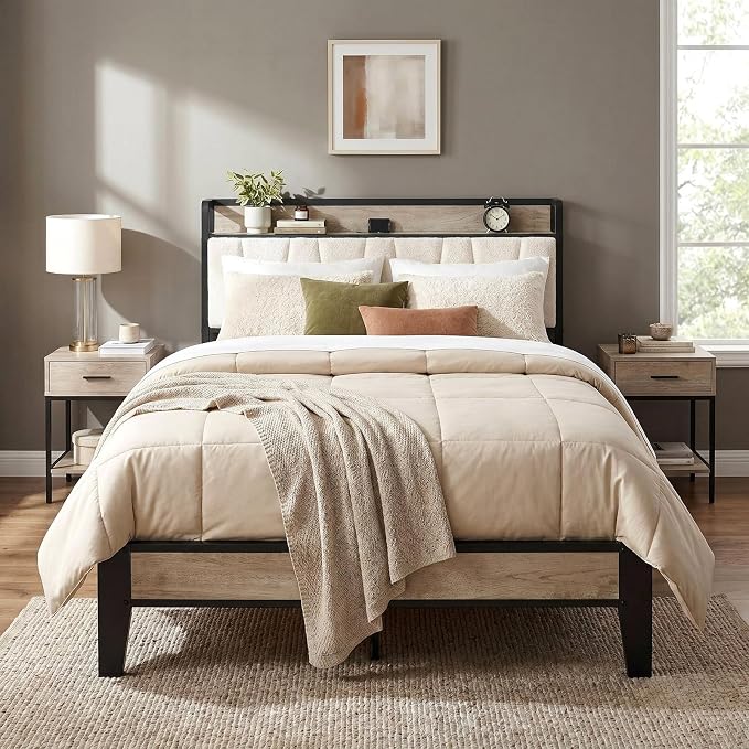 LIKIMIO Queen Bed Frames, Bouclé Storage Headboard with Charging Station, Solid and Stable, Noise Free, No Box Spring Needed, Easy Assembly