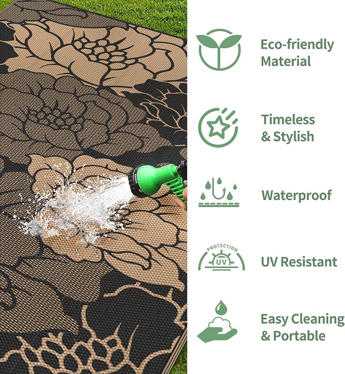 GENIMO Outdoor Rug, Waterproof Plastic Rugs for Patio, 8'x10' Raven Brown | Outside Larger Leaf Carpet Mat for Porch Decor, Deck, Balcony, Camping, RV, Backyard, Picnic, Beach, Reversible, Foldable