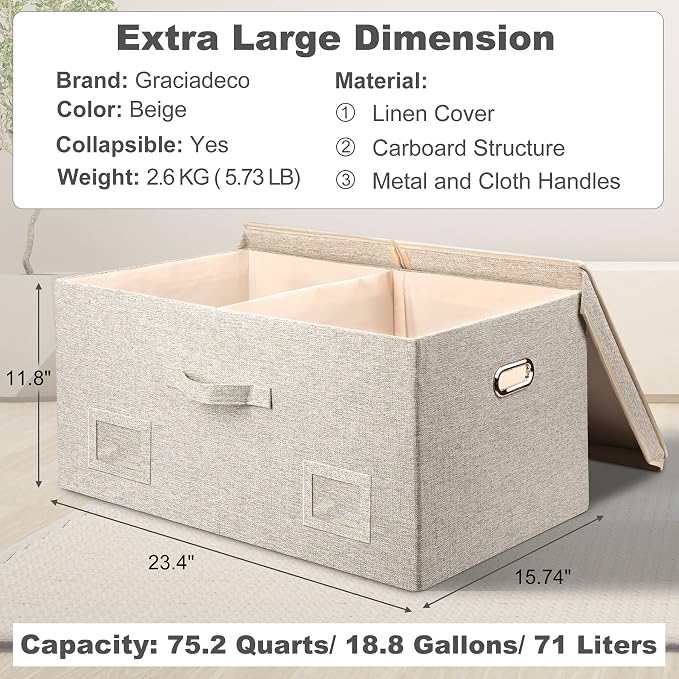 Storage Bins with Lids Fabric Closet Organizers Cubes Office Organization | 75 Quarts 3 Pack Beige Collapsible Stackable Linen Fabric 4 Handles Bedroom Closet Cabinet Under Bed Clothes Toy Office File