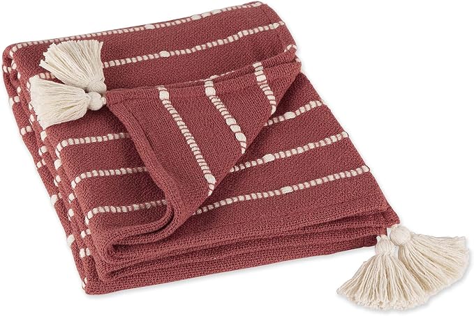 DII Striped Throw Collection Cotton Slub, Hand-Tied Tassels, 50x60, Clay & Off-White