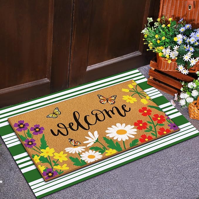 Tinideya 2 Pcs Door Mat Welcome Non Slip Coir Mats Floor Layering Doormats Seasonal for Front Porch Entryway Decor(Spring Flowers)
