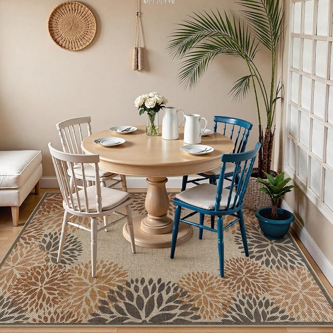 LIVEBOX Modern Easy Jute 5x7 Outdoor Rug, Washable Area Rugs for Living Room Patio Floral Indoor Outdoor Rug, Boho Farmhouse Non Slip Carpet for Backyard Foyer Dining Room(Beige, 5'x7')