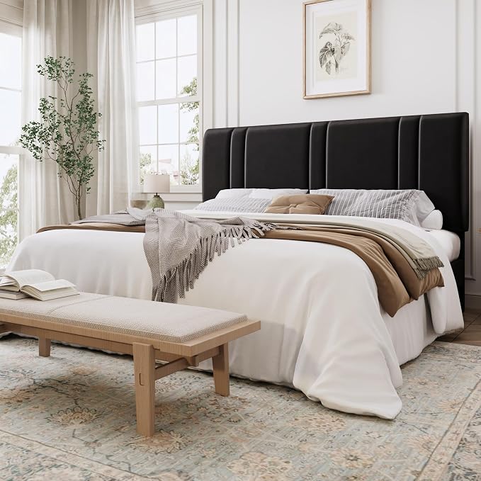 SHA CERLIN King Size Velvet Bed Frame with Adjustable Headboard, Black | Vertical Channel Tufted Design, Upholstered Platform Bed, Wood Slats Support/No Box Spring Needed/Easy Assembly