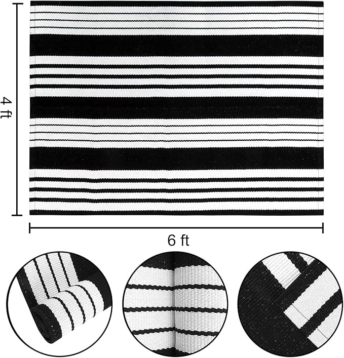 BUAGETUP Black and White Striped Outdoor Patio Rug 4' x 6',Hand Woven Cotton Patio Rug Front Porch Rug Indoor Outdoor Area Rug for Bedroom/Living/Room/Patio
