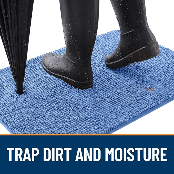 OLANLY Dog Door Mat for Muddy Paws 34x21, Absorbs Moisture and Dirt, Absorbent Non-Slip Washable Doormat, Quick Dry Chenille Mud Mat, Entry Indoor Entryway Carpet for Inside Floor, Cornflower Blue