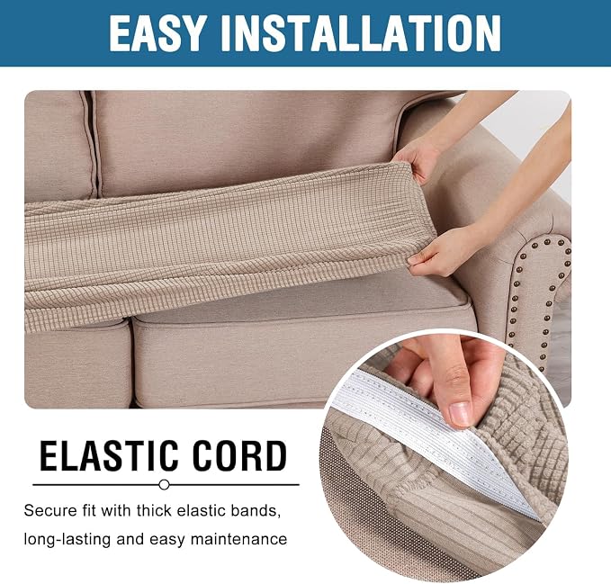 H.VERSAILTEX Super Stretch Individual Seat Sofa Covers Couch Slipcover Sets Thick Jacquard Textured Twill Fabric (2 Piece Large Sofa Cushion Covers, Sand)