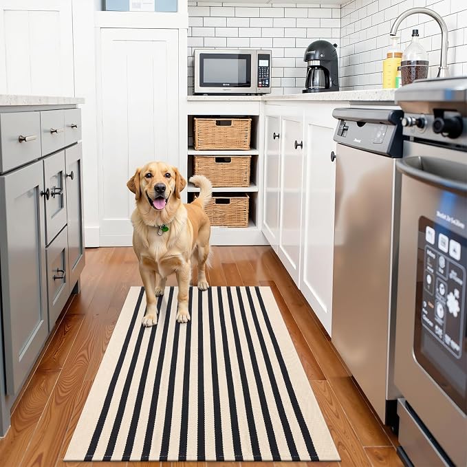 OLANLY Beige and Black Striped Rug 2'4" x 3'7" (27.5" x 43") – Washable Cotton Doormat for Indoor Outdoor Use, Layered Front Porch Rug for Entryway, Kitchen, Patio