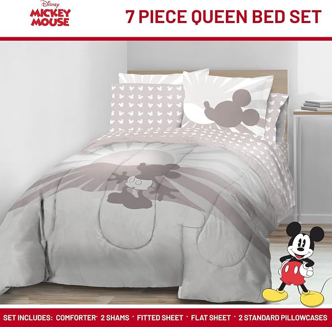 Disney Mickey Mouse Queen Comforter Set 7 Piece Cartoon Bedding, Grey | Bed in a Bag, Comforter Sheets Shams Pillowcases, Official Product, Soft Microfiber, Machine Washable, Kids Gift