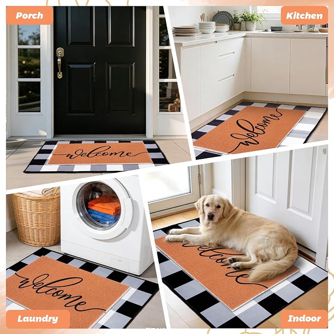 2pcs Layered Doormat Set, Welcome Door Mat for Outdoor Front Door, 16x24 PVC Coil & 24x32 Crystal Velvet Non-Slip Layering Entry Mats for Farmhouse Porch Decoration（Welcome, Striped