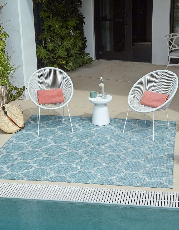 Unique Loom Outdoor Trellis Collection Area Rug - Trellis (Square 13' 0" x 13' 0", Aquamarine/ Gray)
