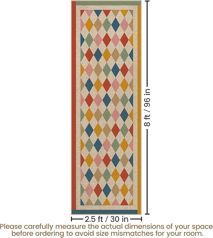 Washable Checkered Easy Jute Runner Rug 2x8, Colorful Checkerboard Geometric Modern Outdoor Indoor Patio Rug, 8ft Woven Non Slip Thin Neutral Runner Carpet for Hallway Kitchen Entryway Porch