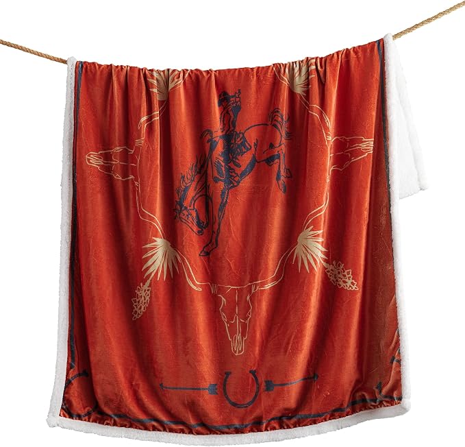 Indigo Hill by HiEnd Accents Marfa Sherpa Throw Blankets, Cowboy Arrow Horsehoe Scull Print Orange Western Blanket for Camping, Rustic Southwest Southwestern Rodeo Sherpa Fleece Blanket, 54x68 inch