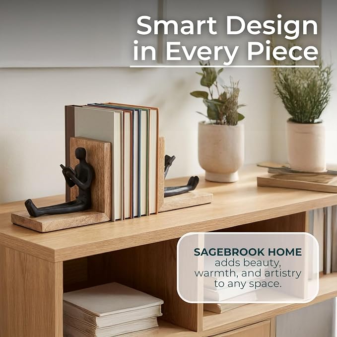 Sagebrook Home Set of 2 Decorative Bookends - Metal & Wood Reader Figurine - Boho Style Bookshelf Decor for Home & Office - 6" Brown & Black