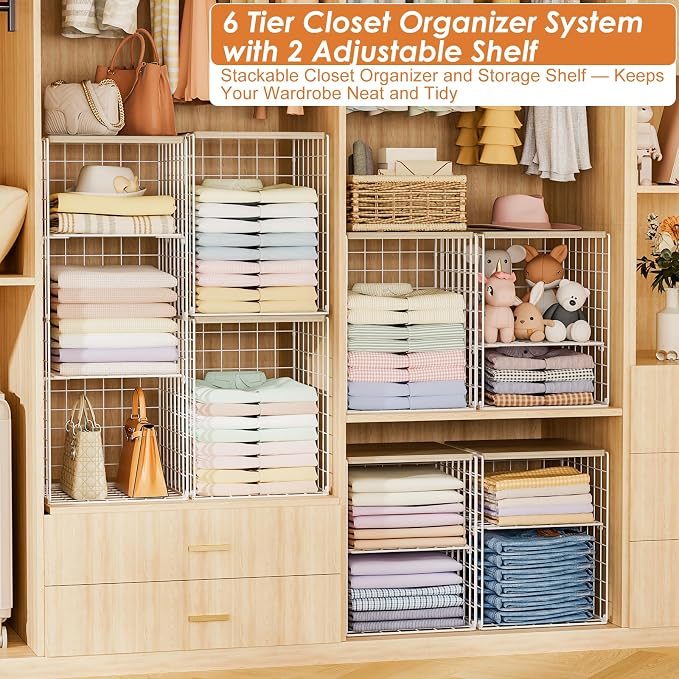 6 Tier Taller Closet Organizers and Storage, Stackable Closet Shelf Organizer with 2 Dividers for Clothes Towels Toys, Rv, Double Storage Design, Clothing Storage Basket for Wardrobe, White ﻿