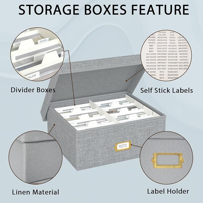 Decorative Photo Storage Box, Linen Photo Box Holds 1700 4x6 Pictures Grey | Photo Storage Containers with 8 Dividers, Memory Keepsake Organizer for Photos, Scrapbook Supplies, Cards, Stamps,Archive Box