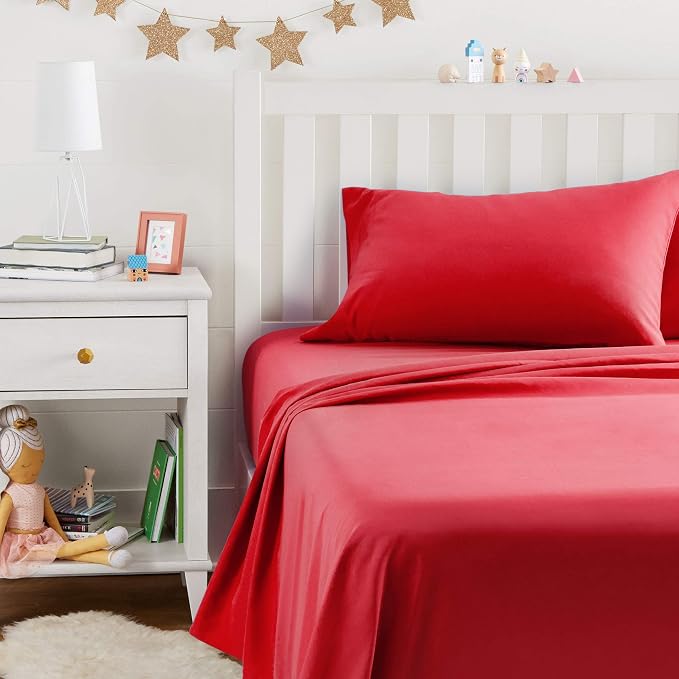 Amazon Basics Kid's Soft, Breathable, Machine Washable Microfiber 3-Piece Sheet Set with Pillowcase, Twin, Red, Solid