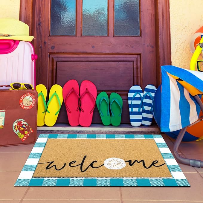 Tinideya 2 Pcs Summer Layering Door Mat, Ocean Seashells Welcome Coir Mats with Non Slip Rug for Front Porch Entryway Decor