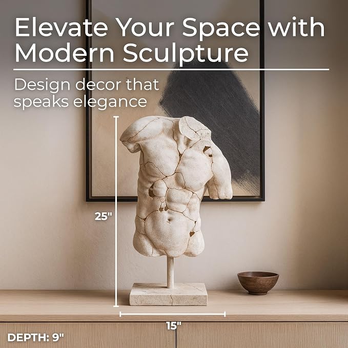 Resin Male Torso Sculpture – Contemporary Figurine, Accent for Bookshelf Styling, Coffee Tables, Shelves or Entryways – Artistic Home Decor Object for Living Room or Office - 25", White