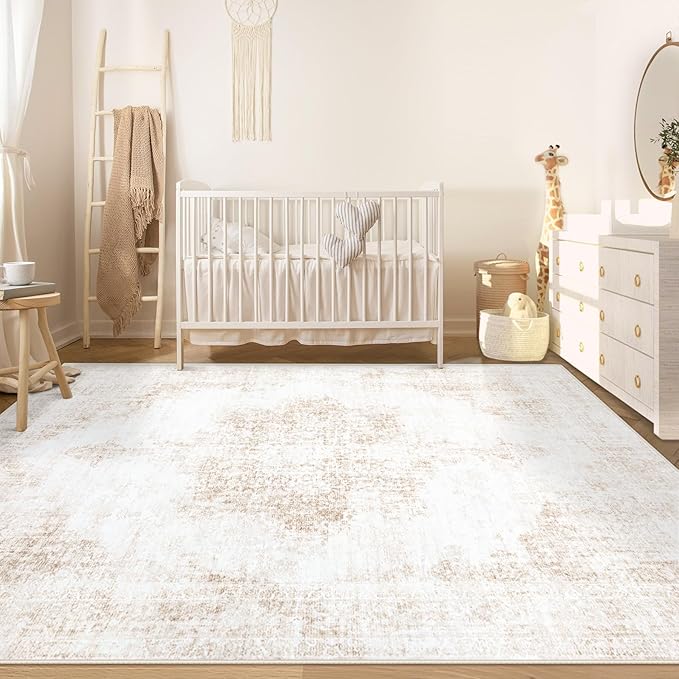 Area Rug 6x9 Vintage Rug: Washable Living Room Rugs Retro Medallion Distressed Large Rugs Soft Low Pile Non-Slip Indoor Floor Carpet for Bedroom Kitchen Nursery Dining Table Office (Beige, 6'x9')